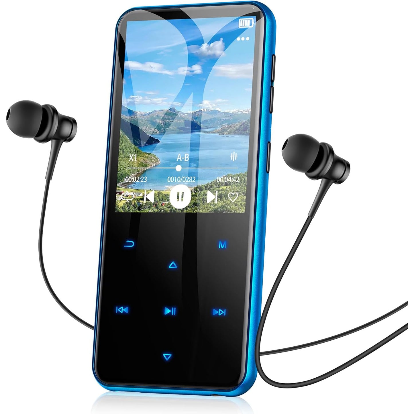 Player MP3 Agptek 64 GB, Bluetooth 5.3, ecran 2.4 inch, set cu casti si cablu USB Type C, suporta card pana la 128GB, butoane tactile, difuzor, Radio FM, E-Book, alarma, albastru