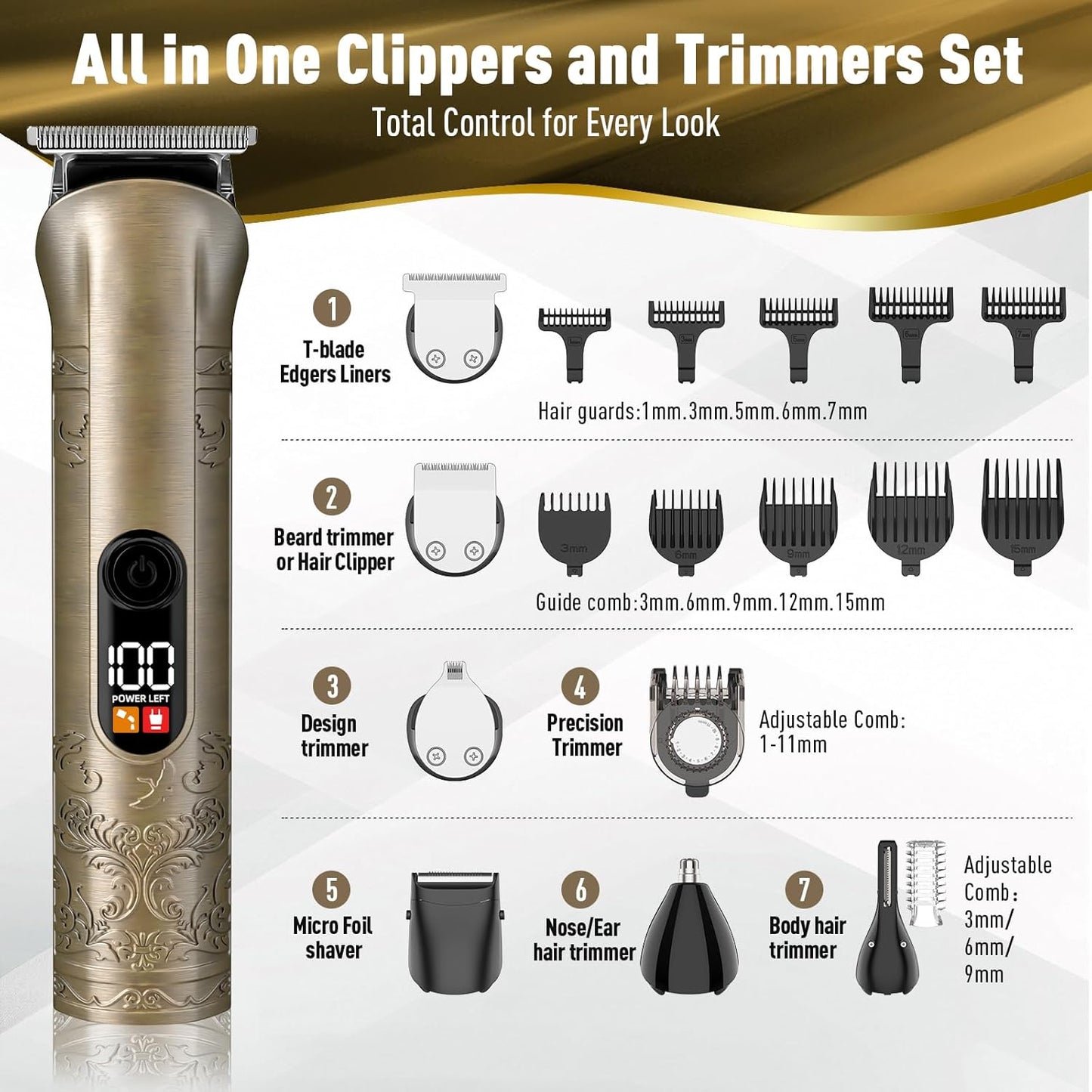 Aparat de tuns par si barba 17 in 1 pentru barbati, cu display LCD, IPX 7 rezistent la apa, lame T-Blade precizie, Trimmer nas si urechi, incarcare USB-C, accesorii multiple pentru par, barba si corp