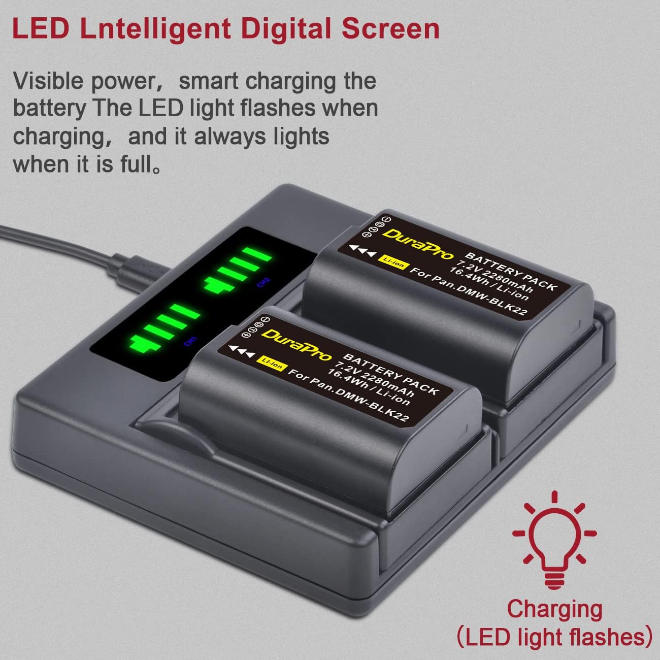 Set 2 acumulatori DWM-BLK22 de 2280 mAh si incarcator dual cu afisaj LED, USB-C si Micro USB, pentru Panasonic DMW-BTC15 Lumix DC-GH5 II, DC-GH6, DC-S5, G9, GH5, GH5S, DC-S5 II, DC-S5 IIX, DC-S5K