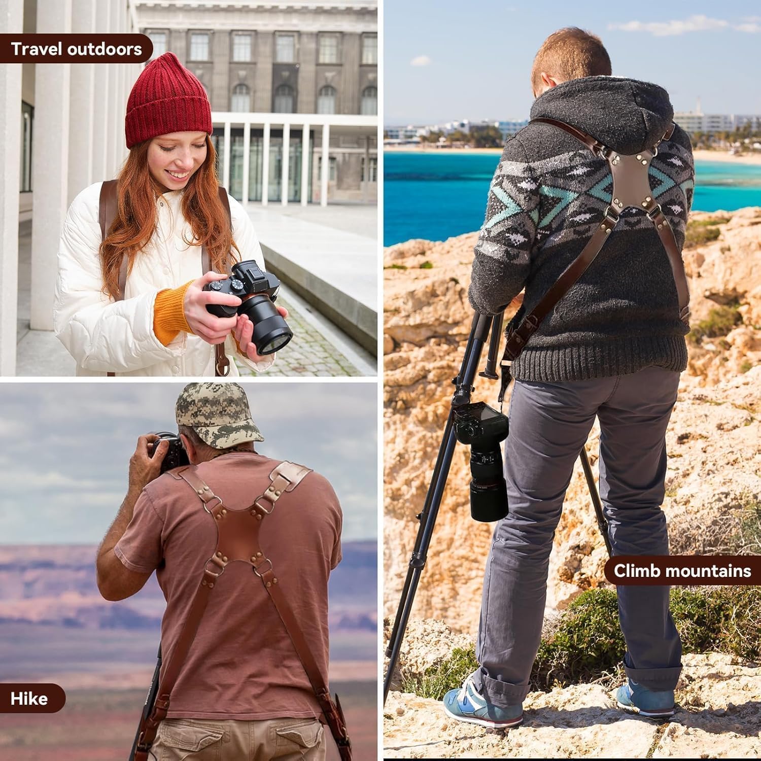 Curea de transport cu design in X pentru doua camere, HERCHR, curea de umar din piele vintage, multi-viteze, universala pentru DSLR/SLR, ajustabila, pentru femei si barbati, maro