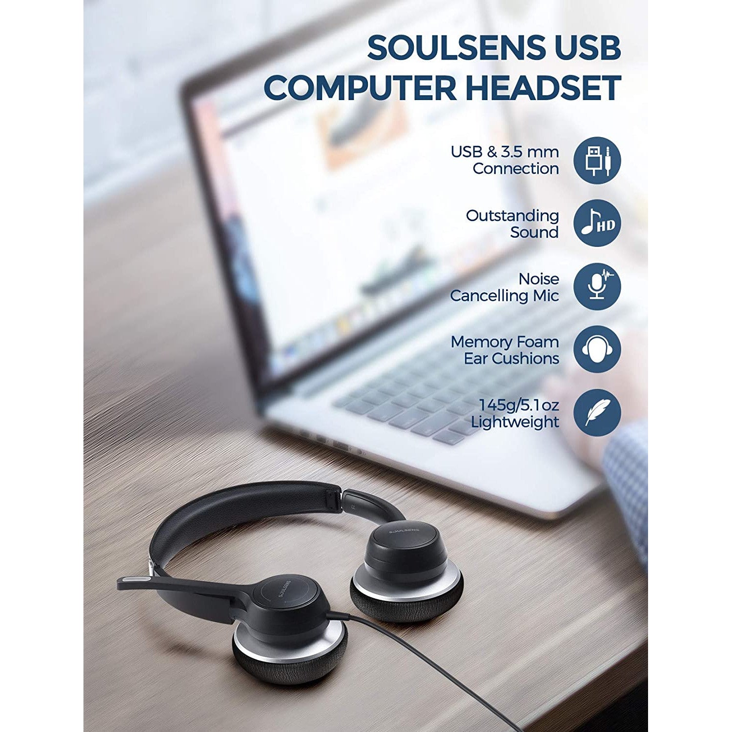 Casca call center USB Soulsens BH328A, microfon cu anulate a zgomotului, sunet clar, confortabile, 3.5 mm, pentru PC, telefon, apeluri Skype, videoconferinta