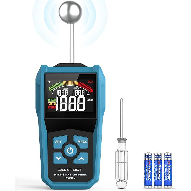 Umidometru, detector digital de umiditate cu LCD color si alarma acustica, masurare precisa, raspuns rapid, patrunde 40 mm, rezolutie: 0, 1%, cu sonda sferica, pentru perete, zidarie, lemn, tencuiala
