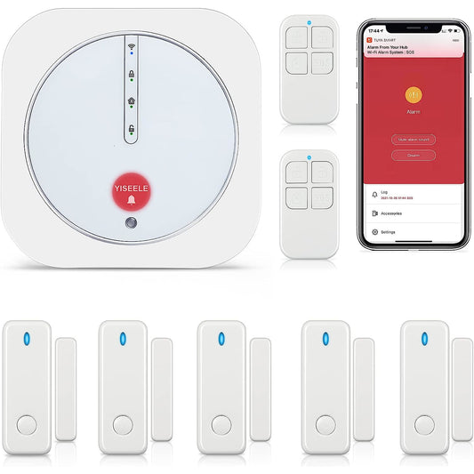 Sistem de alarma WiFi smart, pentru usi si ferestre, cu 5 senzori magnetici, 2 telecomenzi, control prin aplicatie, compatibil Alexa si Google Home, pentru casa, garaj, birou