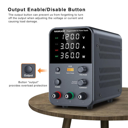 Sursa de alimentare de laborator 0-120 V, 0-3 A, 360 W, cu display LED, ventilator de racire, functie protectie supracurent (OCP), cu port USB 18 W, stabilizare voltaj si curent, CV/CC