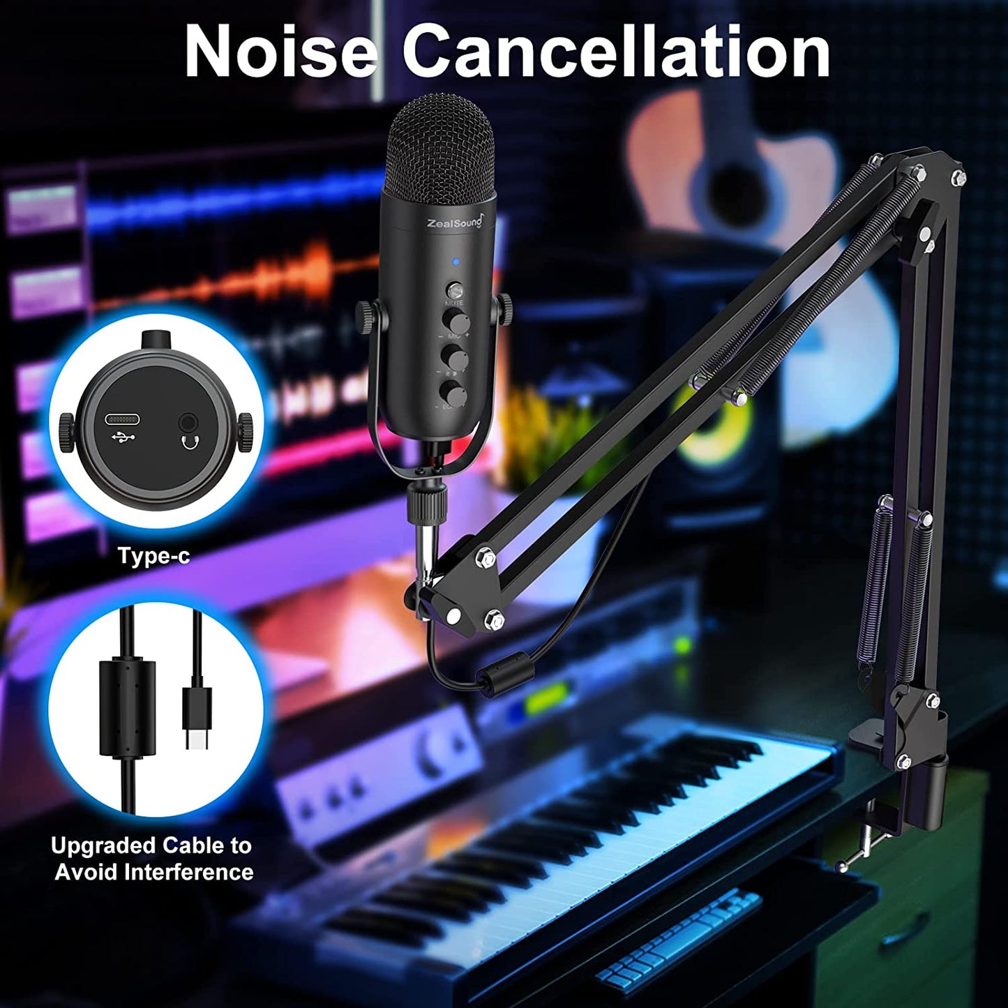 Set microfon condensator USB cu brat cu menghina, Profesional, Plug and Play, cardioid, butoane mute, control volum, control eco, compatibil PC, Smartphone, PS4, PS5, Tableta