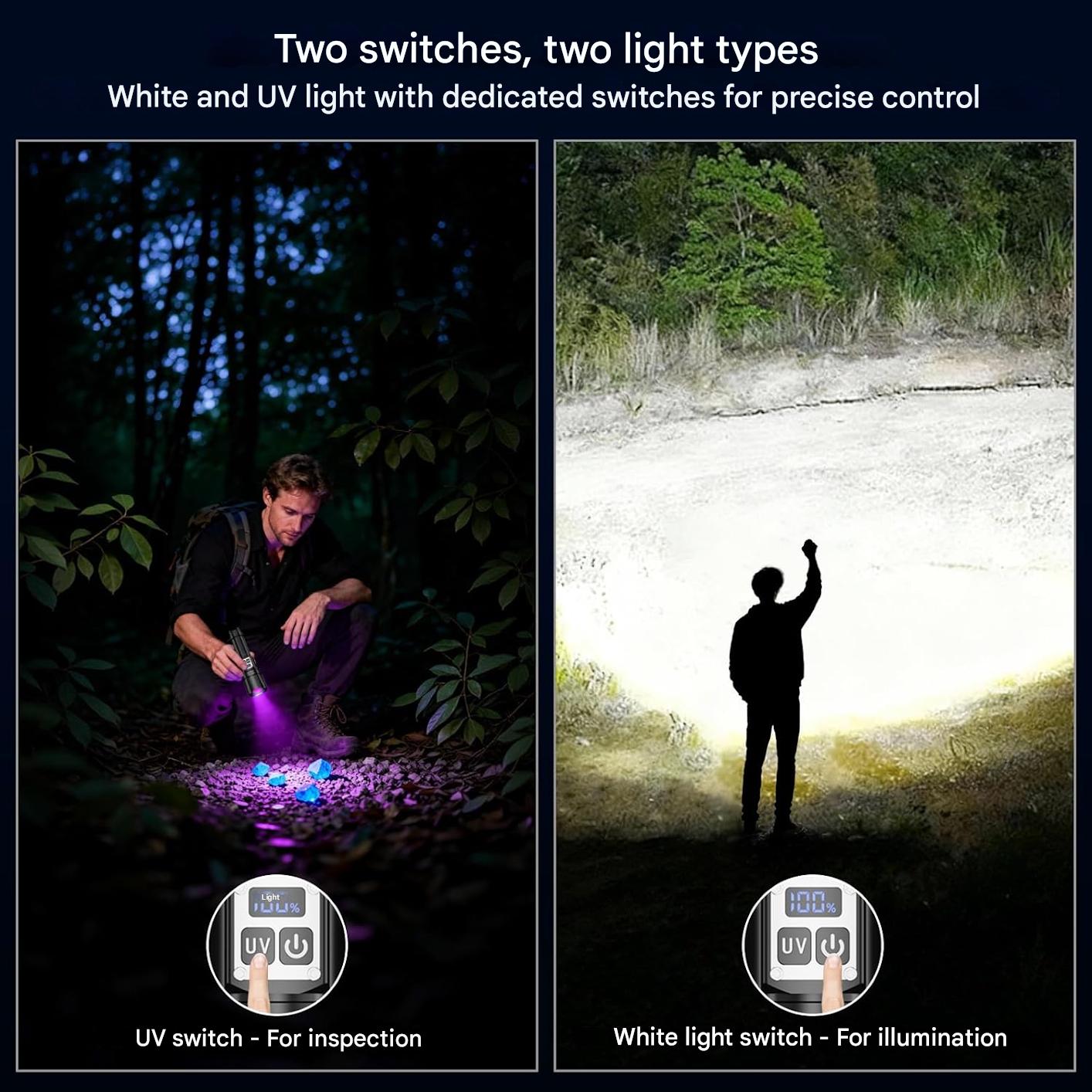 Lanterna 2 in 1 LED/UV reincarcabila 500.000 lumeni cu zoom, 4 moduri, afisaj LCD, reglare intensitate, powerbank, IP67 – Ideala pentru camping, pescuit, inspectii, negru, clasa energetica A