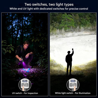 Lanterna 2 in 1 LED/UV reincarcabila 500.000 lumeni cu zoom, 4 moduri, afisaj LCD, reglare intensitate, powerbank, IP67 – Ideala pentru camping, pescuit, inspectii, negru, clasa energetica A