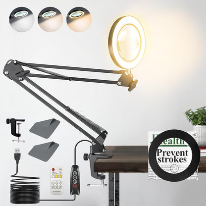 Lampa cosmetica LED cu lupa 10X-15X, lumina reglabila in 3 culori alb cald/rece, dimabila, cu telecomanda, brat reglabil cu prindere tip menghina, pentru machiaj, manichiura, tatuaje
