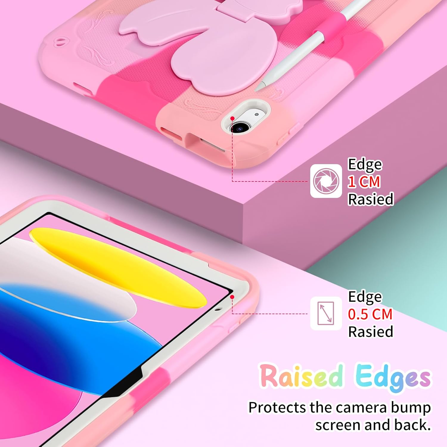 Husa de protectie pentru iPad Gen11, 11inch 2025 A16 si Gen 10, 10,9 inch 2022, cu stand stil fluture, suport pix, margini intarite, curea de umar, carcasa rezistenta la socuri, roz