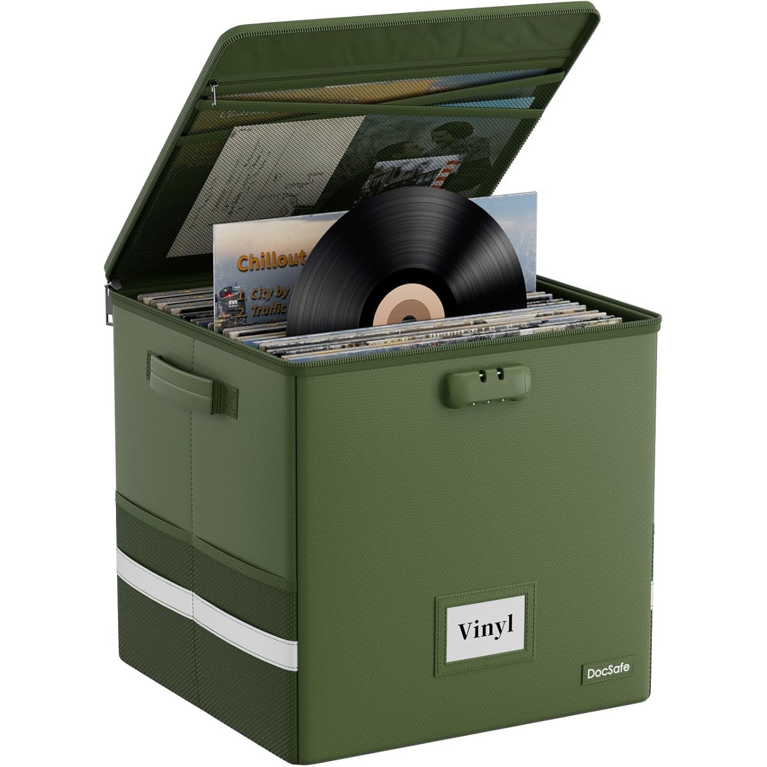 Cutie de depozitare ignifuga pentru discuri vinil, capacitate peste 100 LP-uri 12”, impermeabila, pliabila, cu incuietoare si fermoar, organizator pentru albume, CD-uri si documente, material rezistent pana la 1200°C, verde