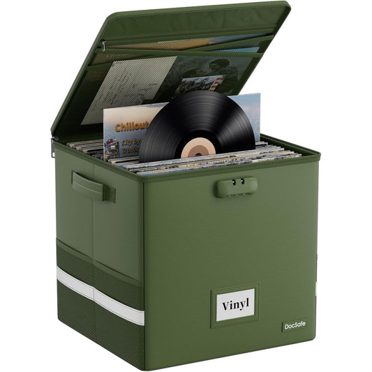 Cutie de depozitare ignifuga pentru discuri vinil, capacitate peste 100 LP-uri 12”, impermeabila, pliabila, cu incuietoare si fermoar, organizator pentru albume, CD-uri si documente, material rezistent pana la 1200°C, verde