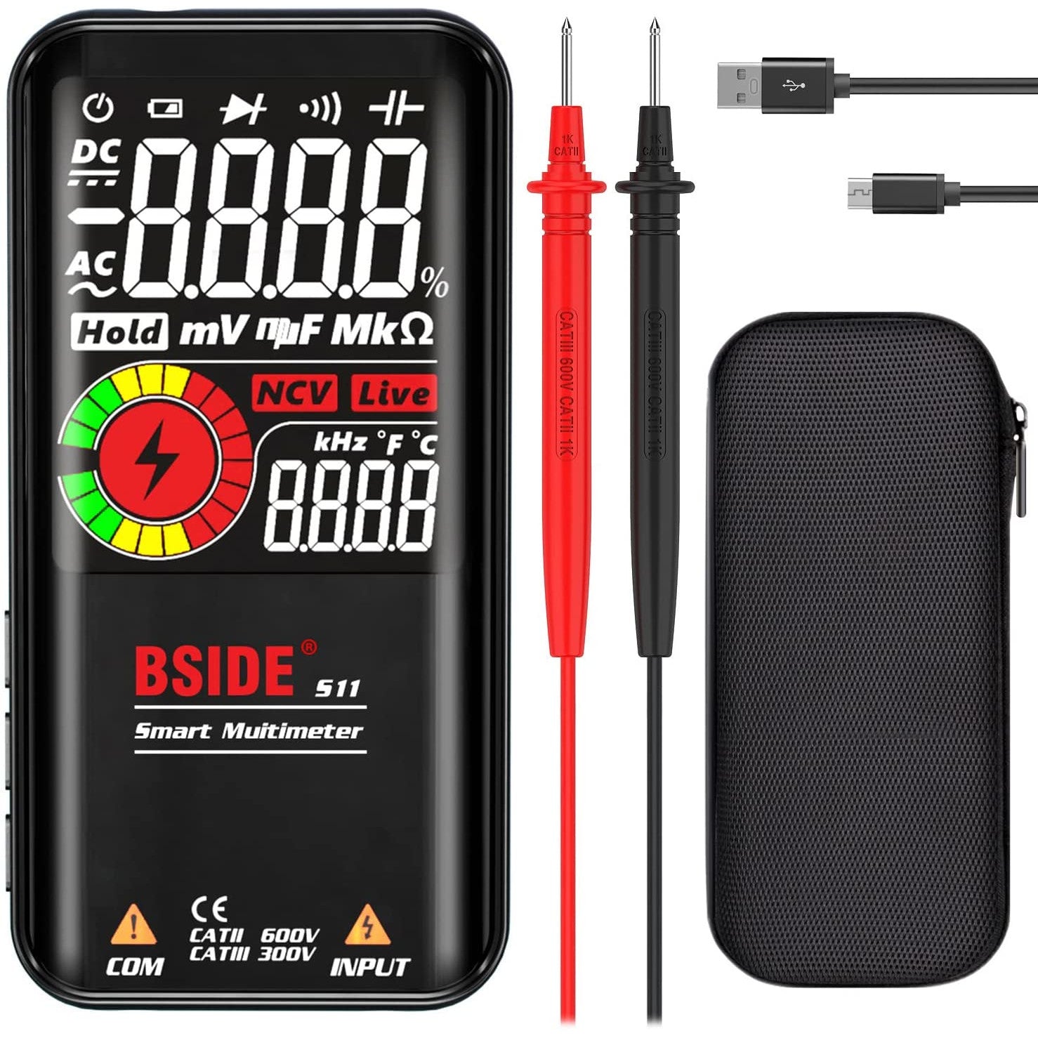Multimetru digital smart, tester cu selectarea automata a parametrilor, 9999 counts, ecran LCD 3.5 inch, True RMS, NCV, AC, DC, design slim