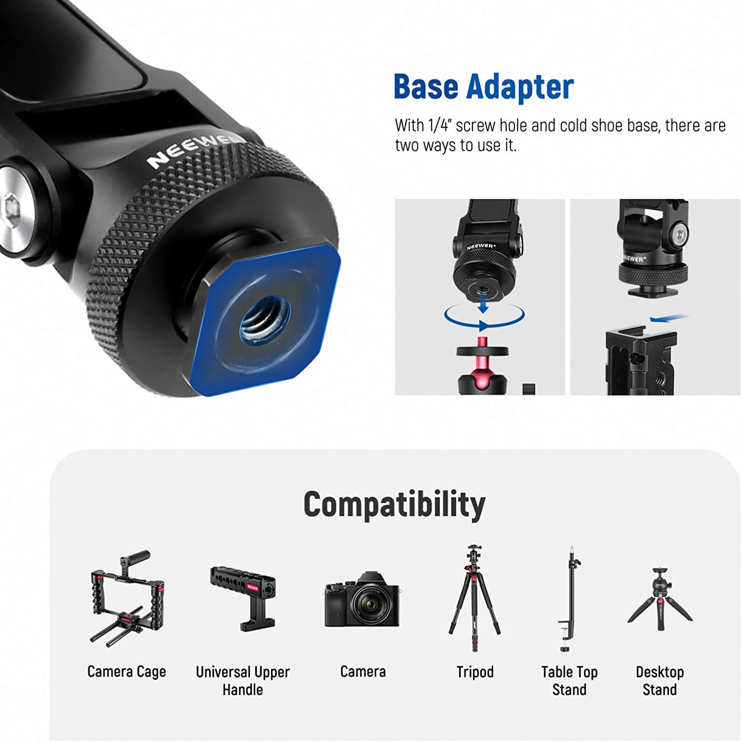 Suport de telefon cu 4 monturi cold shoe si 3 filet de 1/4 inch, rotatie orizontala 360° si inclinare 180° pentru smartphone, streaming, vlogging, inregistrare