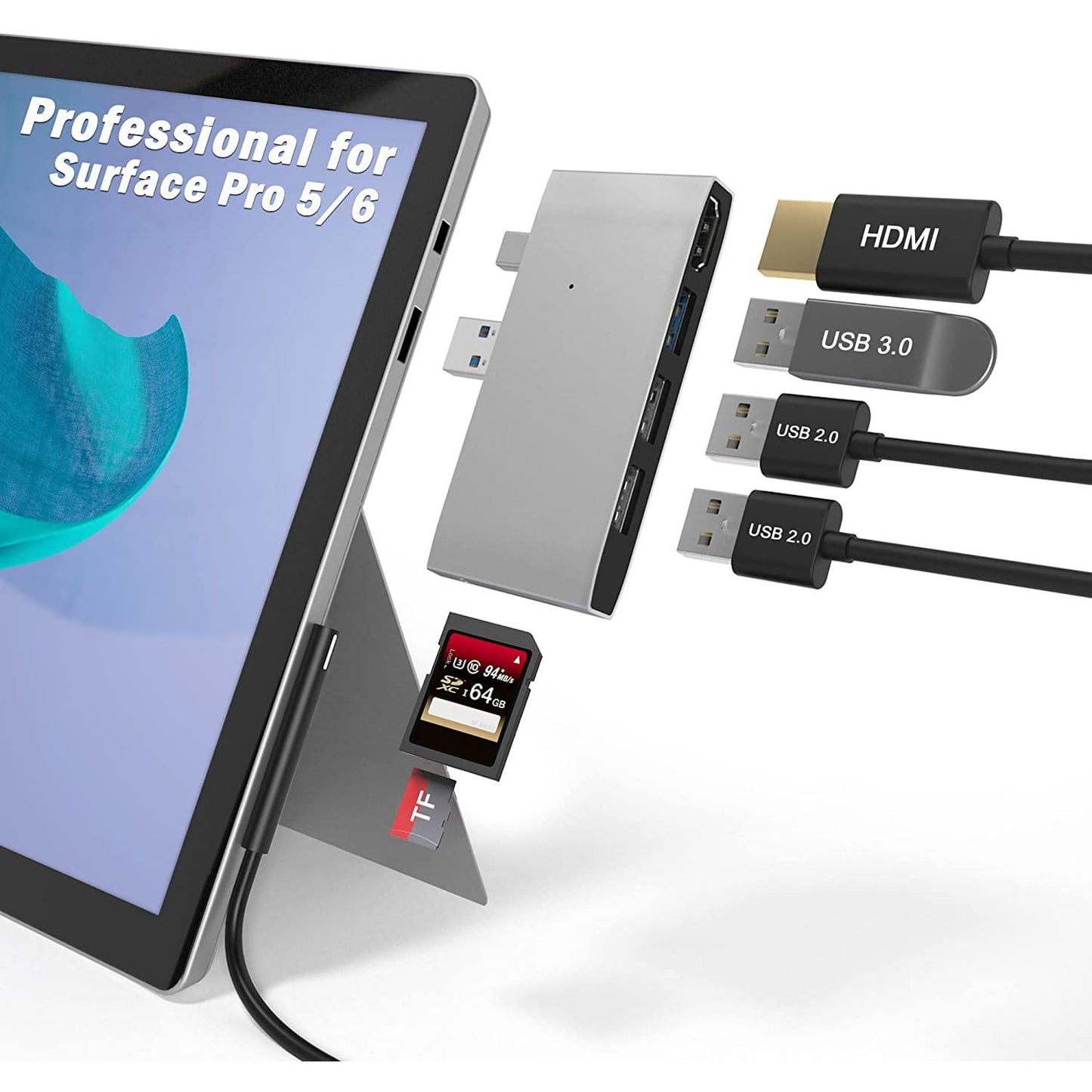 Hub adaptor pentru Surface Pro 5/Pro 6, statie de andocare cu HDMI 4K, USB 3.0, 2 USB 2.0, cititor de carduri SD si Micro SD si carcasa din aluminiu