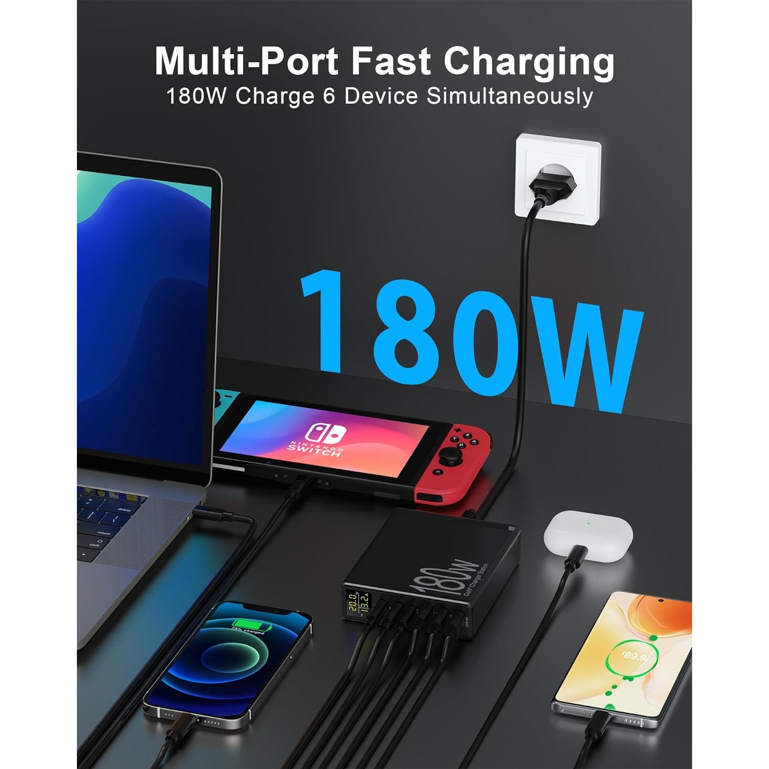 Incarcator retea 180W GaN, cu display LCD, 6 porturi de incarcare, 3 USB-A si 3 USB-C 65W, protectie la supracurent, supraincalzire, supratensiune, pentru MacBook, iPad, iPhone 14/13/12/Pro/Max, Samsung Galaxy S22