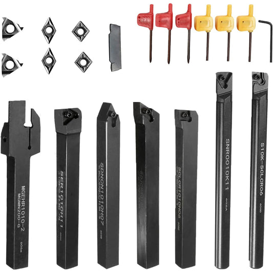 Set cutite de strung cu placute amovibile, 7 piese de strunjit de 10 mm cu bara de gaurit, unelte de strunjit cu insertii de carbura, 21 de piese