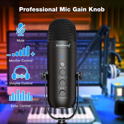 Set microfon condensator USB cu brat cu menghina, Profesional, Plug and Play, cardioid, butoane mute, control volum, control eco, compatibil PC, Smartphone, PS4, PS5, Tableta