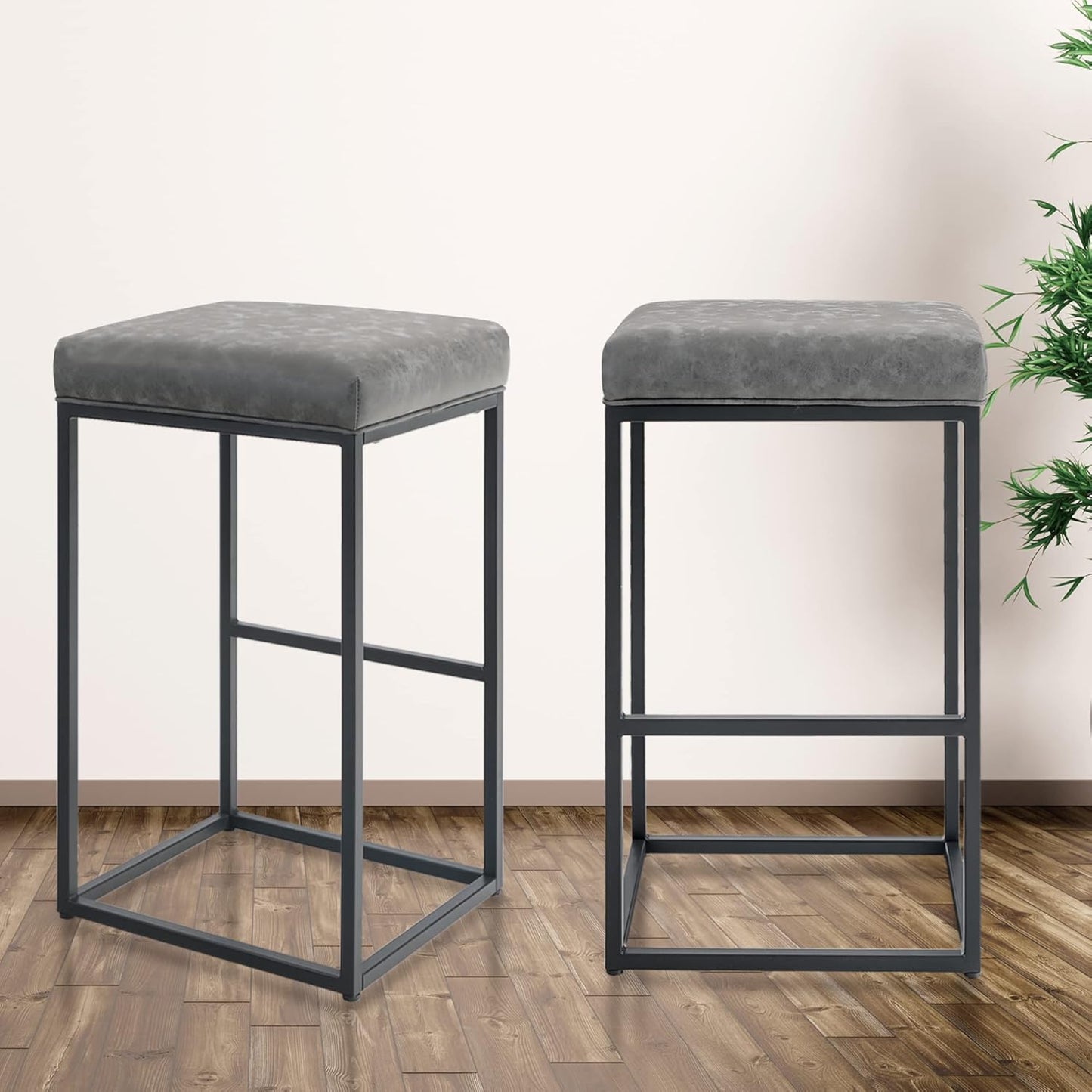 Set 2 scaune de bar gri, fara spatar, sezut 76 cm, piele ecologica, perna groasa, cadru metalic cromat robust, suport pentru picioare-Ideal pentru bucatarie, bar sau insula de bucatarie