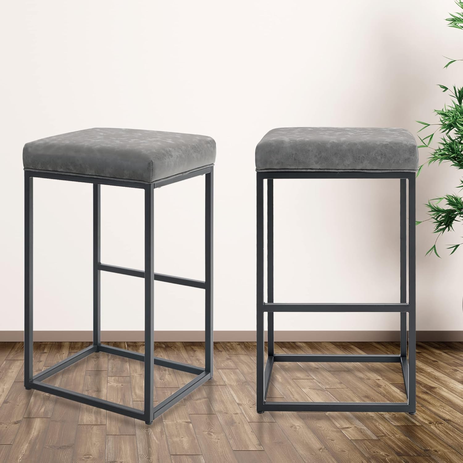 Set 2 scaune de bar gri, fara spatar, sezut 76 cm, piele ecologica, perna groasa, cadru metalic cromat robust, suport pentru picioare-Ideal pentru bucatarie, bar sau insula de bucatarie