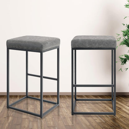 Set 2 scaune de bar gri, fara spatar, sezut 76 cm, piele ecologica, perna groasa, cadru metalic cromat robust, suport pentru picioare-Ideal pentru bucatarie, bar sau insula de bucatarie
