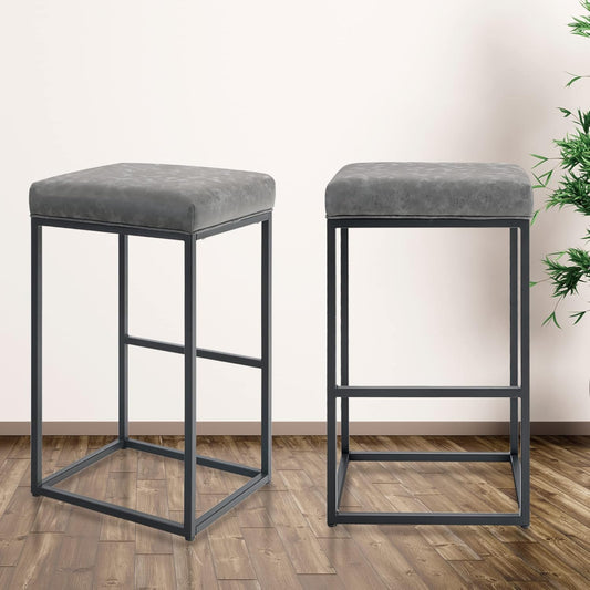 Set 2 scaune de bar gri, fara spatar, sezut 76 cm, piele ecologica, perna groasa, cadru metalic cromat robust, suport pentru picioare-Ideal pentru bucatarie, bar sau insula de bucatarie