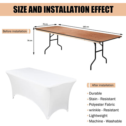 Set de 3 fata de masa, huse elastice din spandex, alba, 182 cm x 76 cm, pentru evenimente, usor de curatat, pentru nunta, banchet, expozitii, petrecere