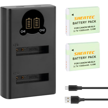 Set 2 acumulatori NB-6L, NB-6LH de 1500mAh cu incarcator dublu LCD USB pentru Canon PowerShot SX530HS, SX710HS, SX610HS, SX700HS, SX600HS, D30, S120, S200, SX510HS, 110 is, IXY 10S