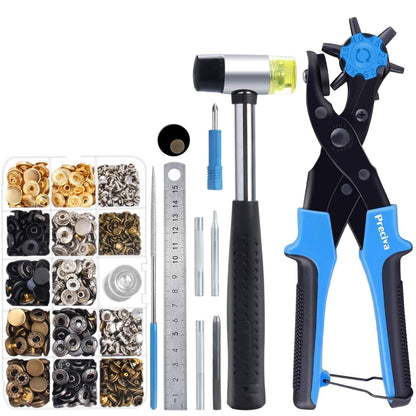 Set cleste preducea de perforat curele, rotativ cu accesorii de gaurit si capsat piele cu 240 capace nit, rigla, ciocan si pila pentru marochinarie