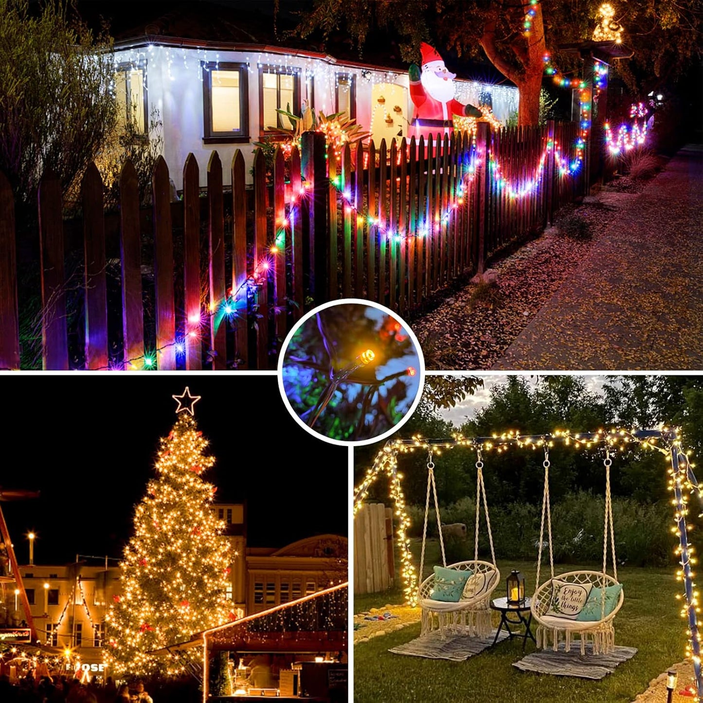 Instalatie brad Craciun LED pentru interior si exterior, de 60 metri, cu telecomanda, alb cald si multicolor, luminozitate reglabila, 11 moduri iluminare, impermeabil IP44