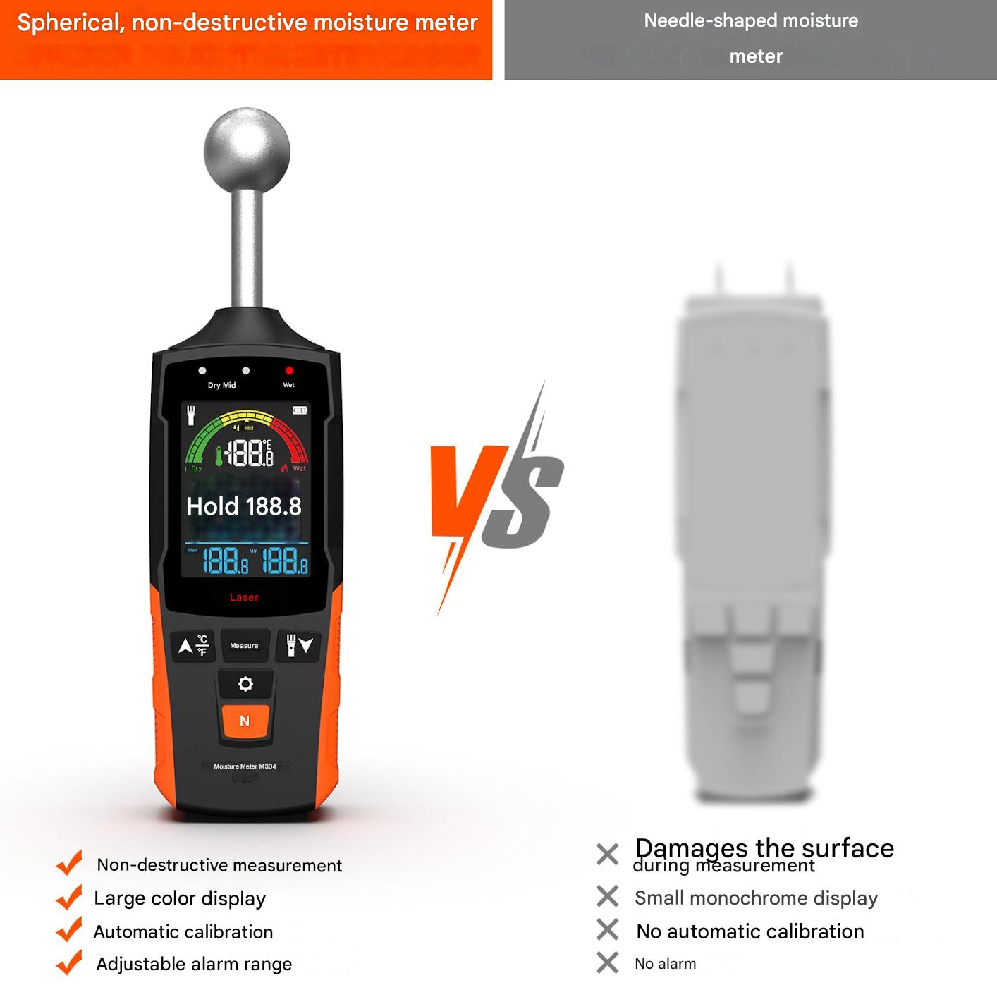 Umidometru, detector de umiditate digital cu ecran LCD, alerta sonora si lanterna LED, 5-40 mm adancime detectare, cu baterii, pentru perete, zidarie, lemn, tencuiala