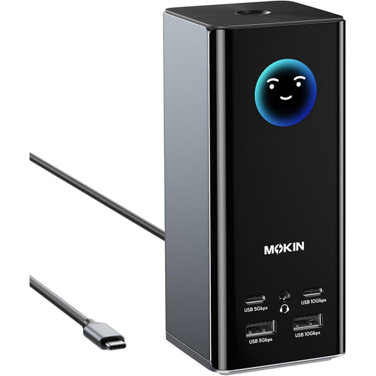 Statie de andocare MOKiN 17 in 1, extindere la 3 monitoare, 3×HDMI 4K, 2xDisplayPort, USB-A/C 10G, Ethernet Gigabit, PD 100W, audio, SD/TF, 1xAUX, pentru Windows/macOS/Linux