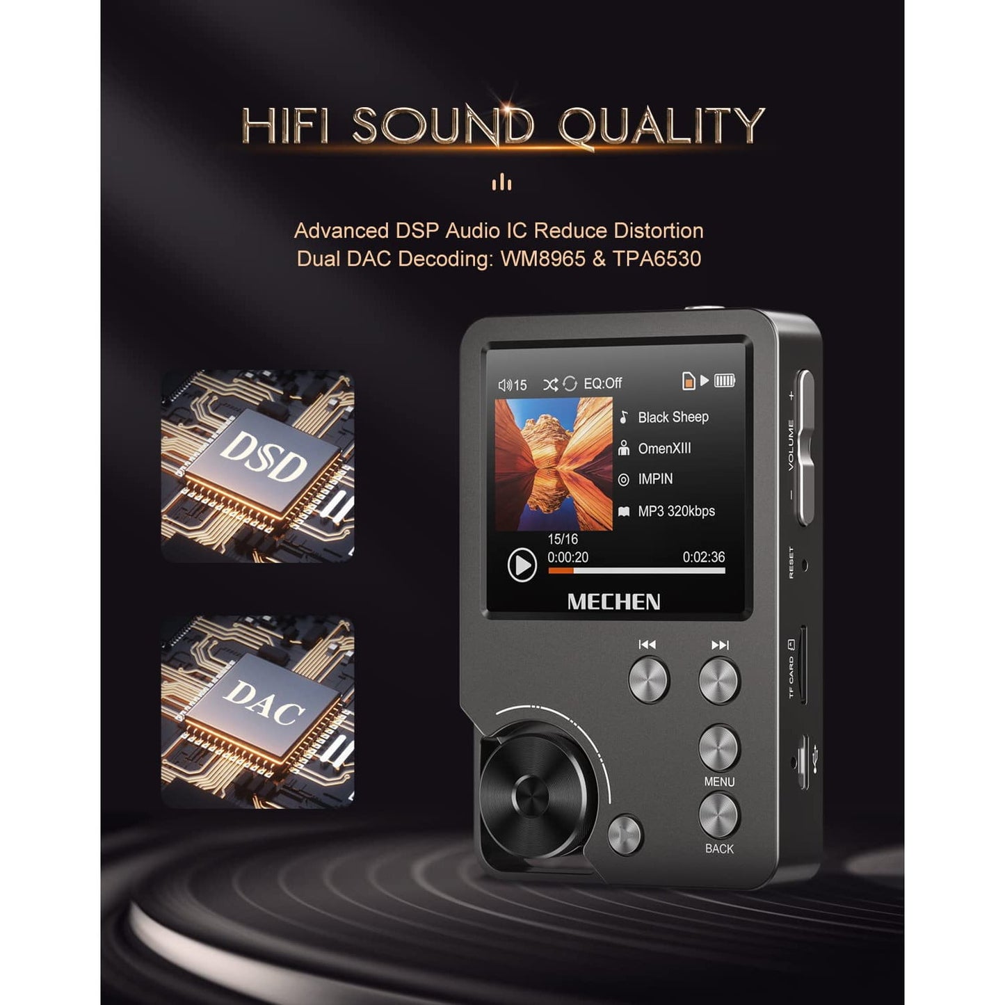 MP3 Player 64 GB HiFi, sunet digital de inalta rezolutie DSD DAC lossless, cu egalizator, 25 de ore de redare continua, suporta card pana la 256 GB