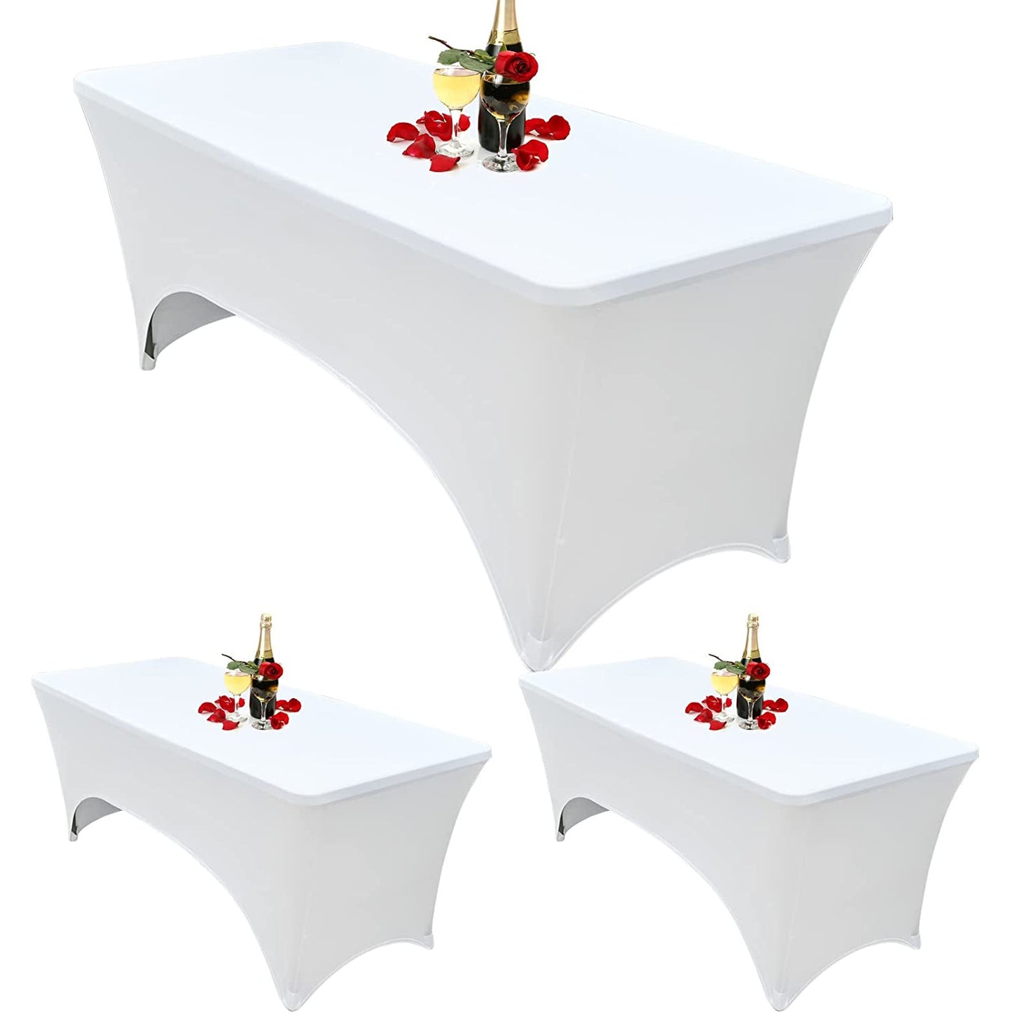 Set de 3 fata de masa, huse elastice din spandex, alba, 182 cm x 76 cm, pentru evenimente, usor de curatat, pentru nunta, banchet, expozitii, petrecere