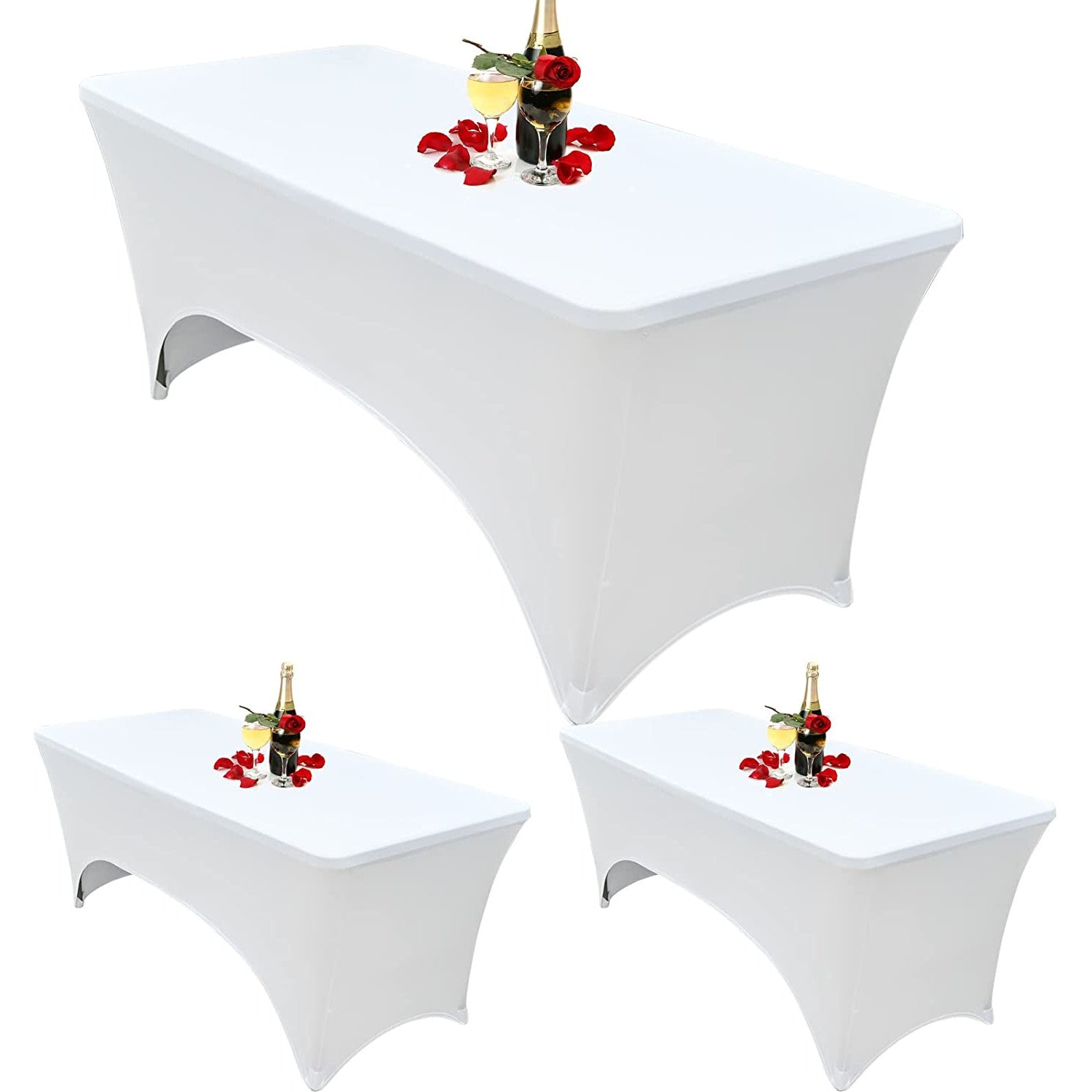 Set de 3 fata de masa, huse elastice din spandex, alba, 182 cm x 76 cm, pentru evenimente, usor de curatat, pentru nunta, banchet, expozitii, petrecere