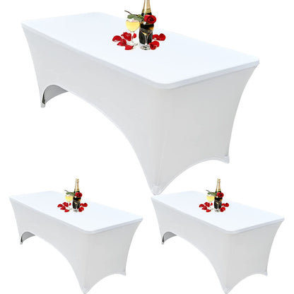 Set de 3 fata de masa, huse elastice din spandex, alba, 182 cm x 76 cm, pentru evenimente, usor de curatat, pentru nunta, banchet, expozitii, petrecere