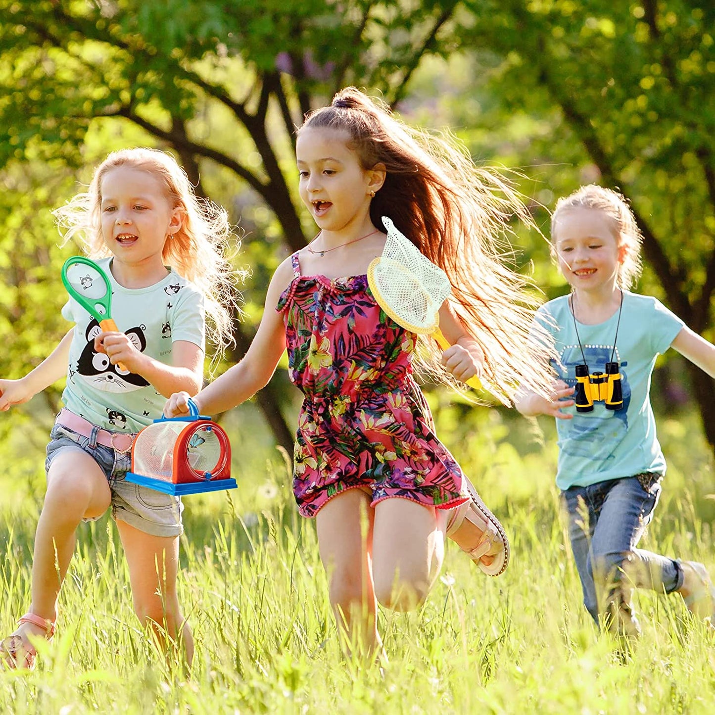 Set de cercetare pentru explorarea in aer liber pentru copii, kit explorator 24 piese cu binoclu, busola, lupa, plasa pentru fluturi, penseta pentru insecte