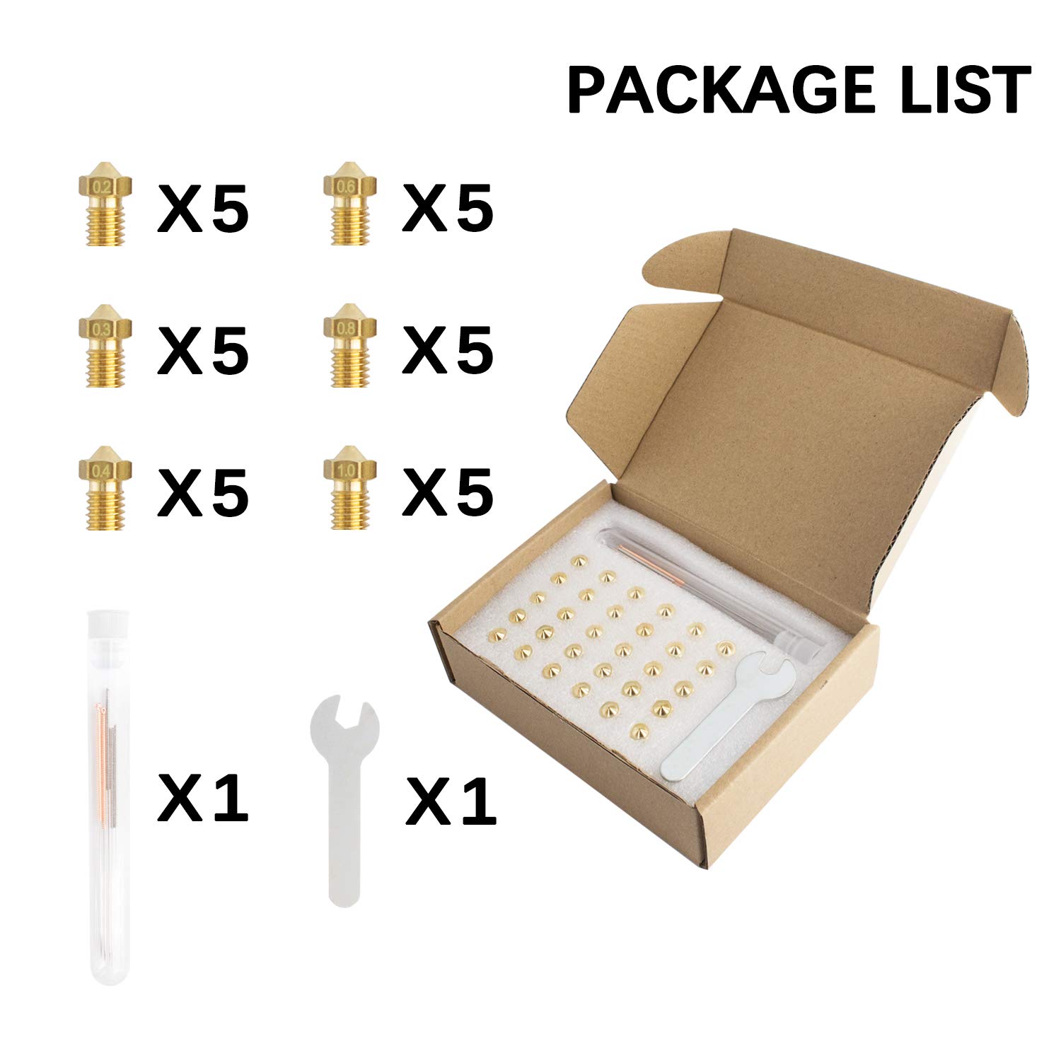 Set duze imprimanta 3D, 30 bucati, 0,2 mm; 0,3 mm; 0,4 mm; 0,6 mm; 0,8 mm; 1,0 mm, din alama, filet M6, pentru filament 1.75 mm, cu tije de curatare, pentru hotend V5, V6