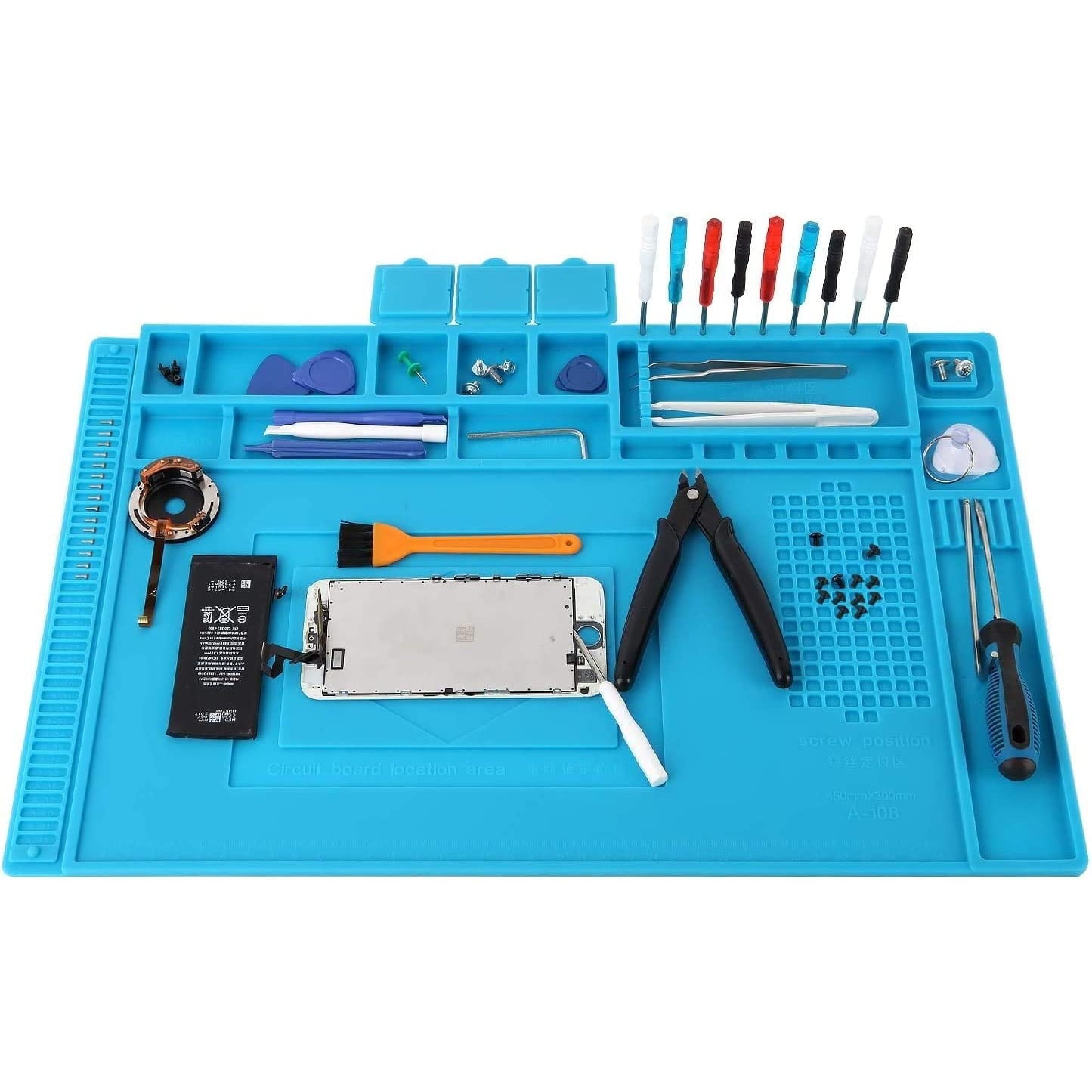 Covoras multifunctional pentru pistol de lipit, 45 x 30 cm, antistatic, din silicon rezistent la caldura 500°C, protectie masa de lucru cu compartimente magnetice, albastru