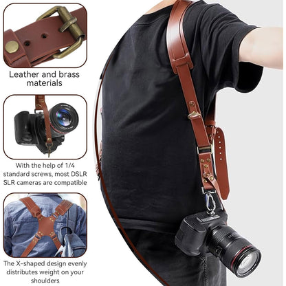 Curea de transport cu design in X pentru doua camere, HERCHR, curea de umar din piele vintage, multi-viteze, universala pentru DSLR/SLR, ajustabila, pentru femei si barbati, maro
