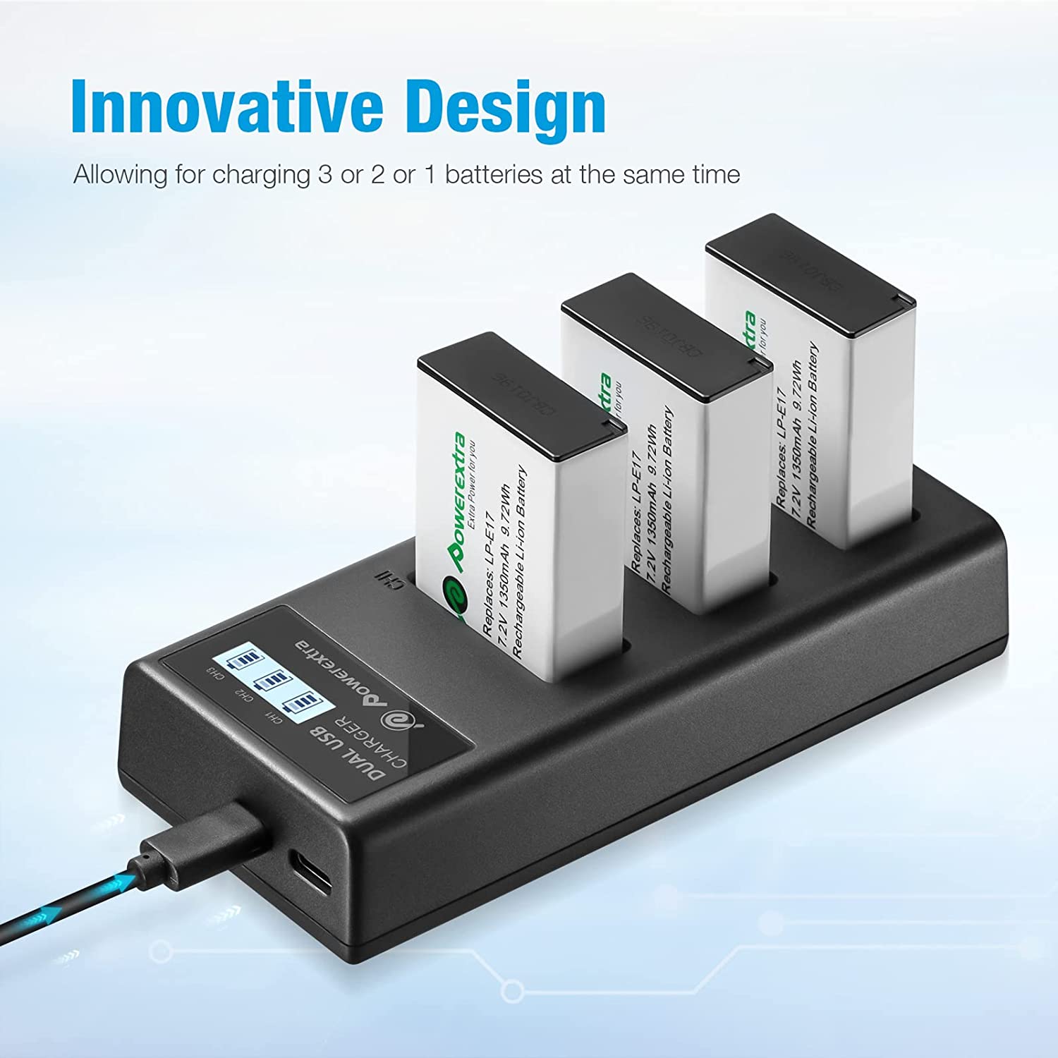 Set de 3 acumulatori LP-E17 1350 mAh 7.2 V cu incarcator triplu cu afisaj LCD, pentru Canon EOS 77D 200D 750D 760D 800D M3 M5 M6