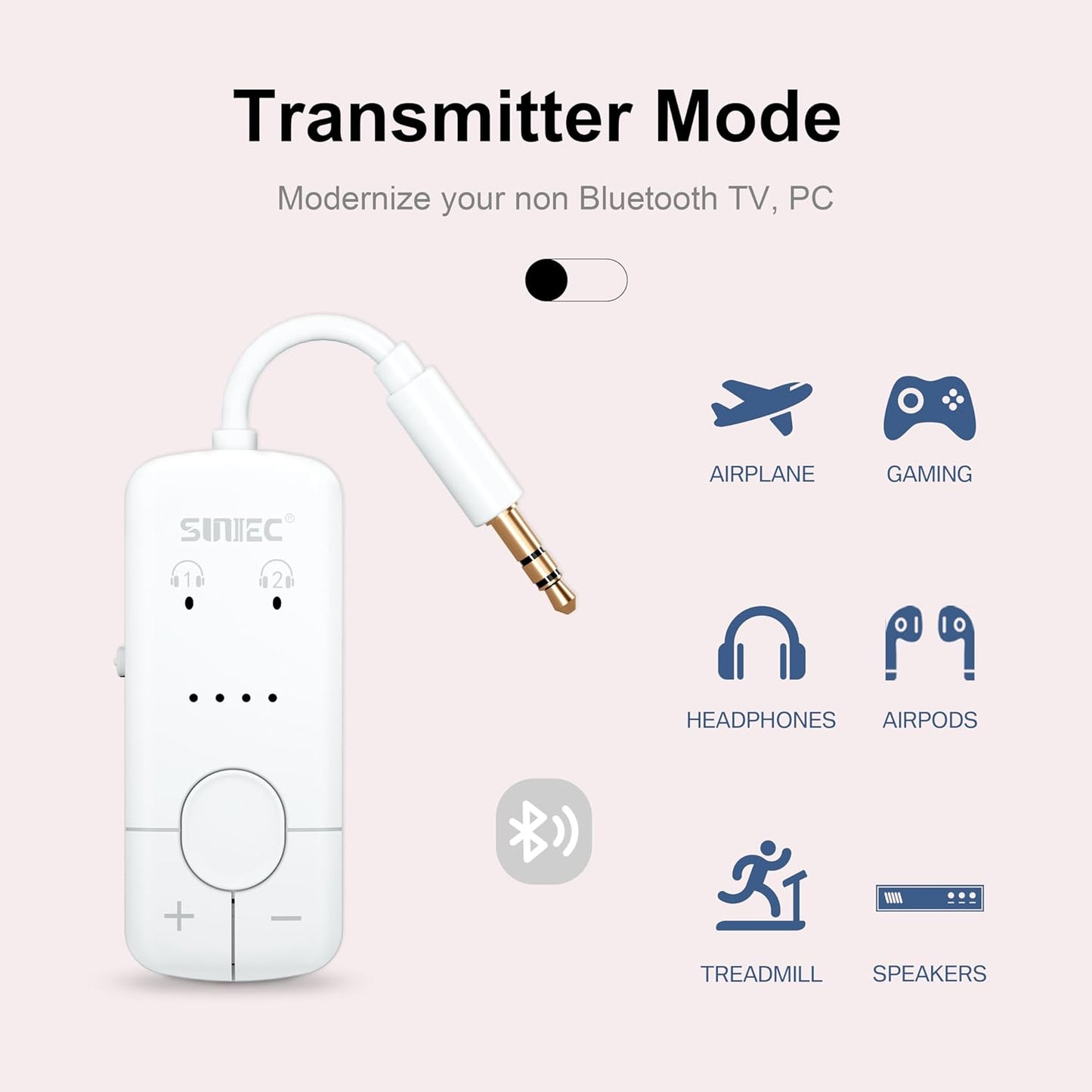 Adaptor transmitator Bluetooth, Dual Link, wireless, accepta 2 casti sau mufa AirPods, cu AUX 3.5 mm, latenta scazuta aptX, portabil, pentru TV, avion, masina