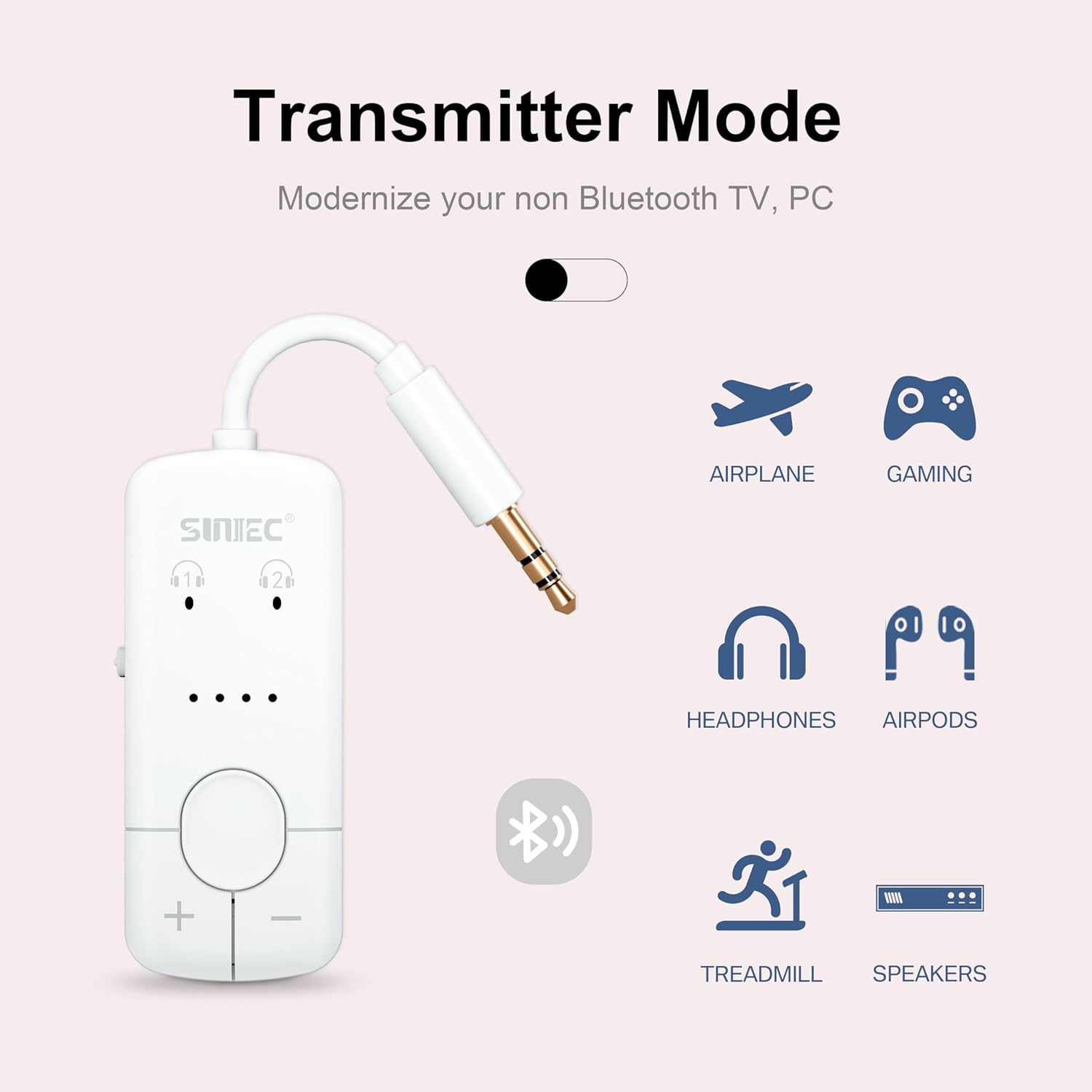 Adaptor transmitator Bluetooth, Dual Link, wireless, accepta 2 casti sau mufa AirPods, cu AUX 3.5 mm, latenta scazuta aptX, portabil, pentru TV, avion, masina