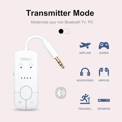 Adaptor transmitator Bluetooth, Dual Link, wireless, accepta 2 casti sau mufa AirPods, cu AUX 3.5 mm, latenta scazuta aptX, portabil, pentru TV, avion, masina