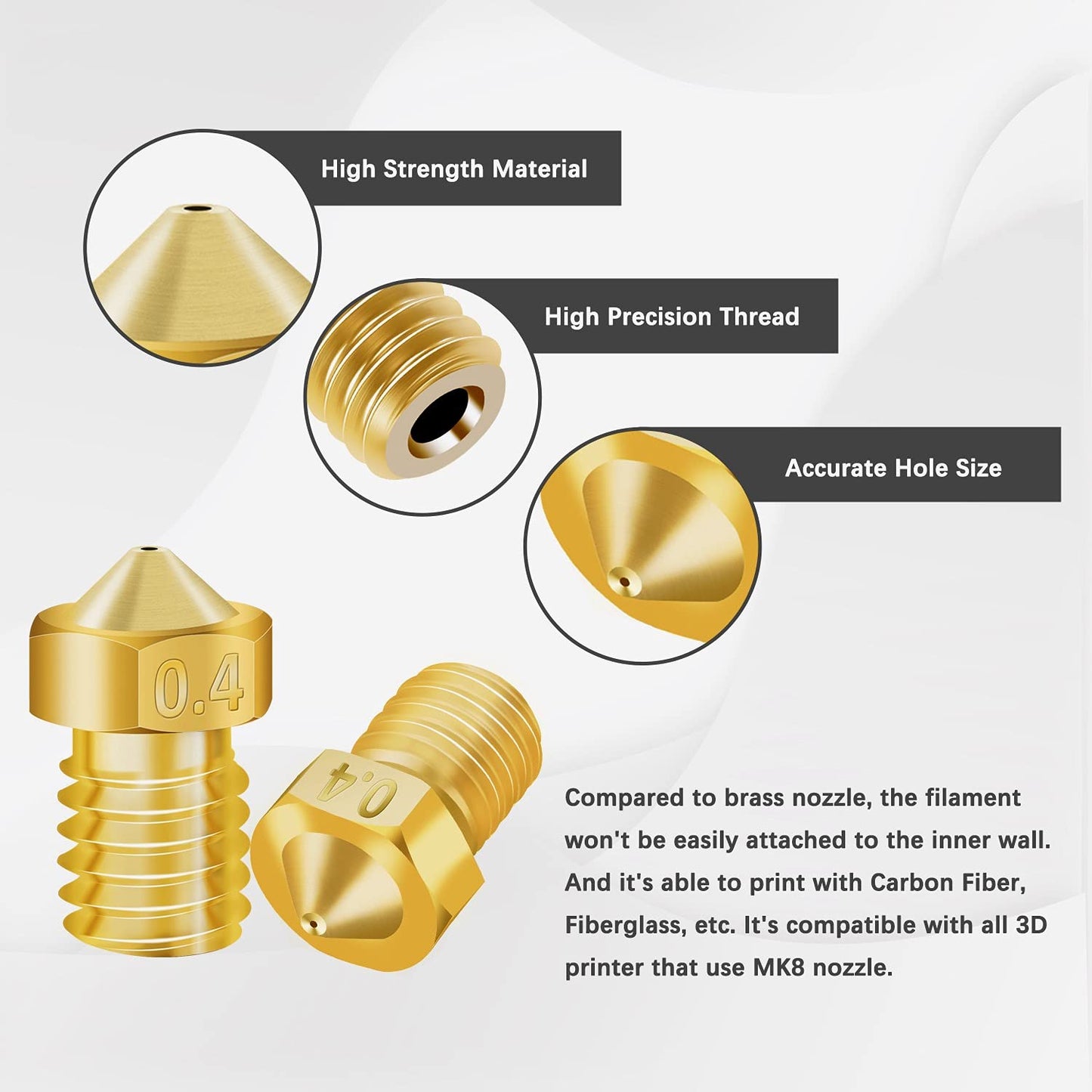 Set duze imprimanta 3D, 30 bucati, 0,2 mm; 0,3 mm; 0,4 mm; 0,6 mm; 0,8 mm; 1,0 mm, din alama, filet M6, pentru filament 1.75 mm, cu tije de curatare, pentru hotend V5, V6