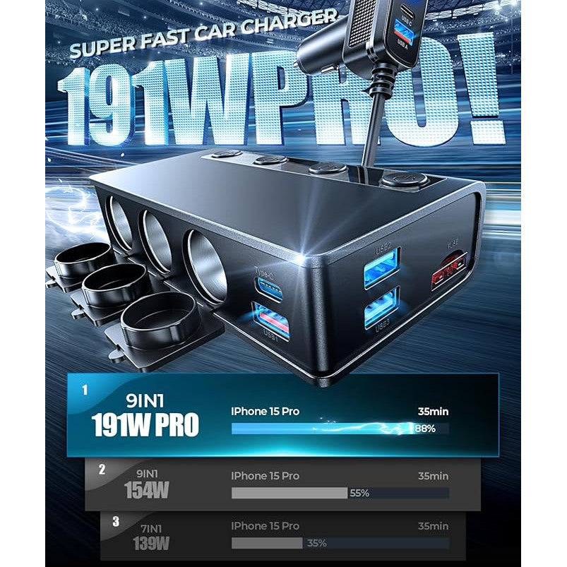 Adaptor bricheta auto 191W Pro, 12V/24V, cu 2 porturi QC & 3.0 18W, 2 PD & 3.0 Pro 30W, 3 prize soclu 80W, 2 porturi USB 15W, monitorizare LED a tensiunii, intrerupatoare, incarcator priza auto pentru smartphone, tableta, dashcam