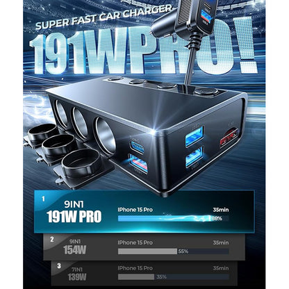 Adaptor bricheta auto 191W Pro, 12V/24V, cu 2 porturi QC & 3.0 18W, 2 PD & 3.0 Pro 30W, 3 prize soclu 80W, 2 porturi USB 15W, monitorizare LED a tensiunii, intrerupatoare, incarcator priza auto pentru smartphone, tableta, dashcam