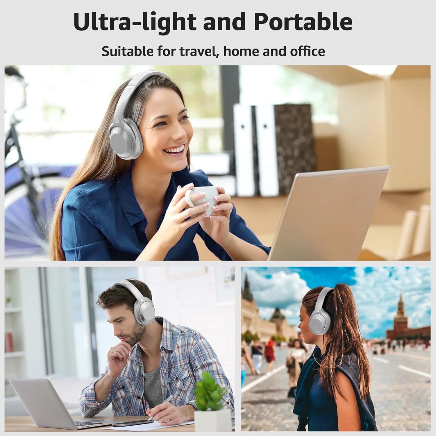 Casti wireless Over the Ear Bluetooth, Noise Cancelling ANC, sunet Hi-Fi, microfon, timp redare pana la 75 ore, Bass Music, argintiu