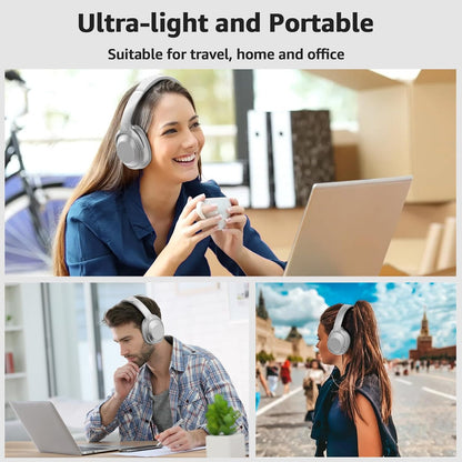 Casti wireless Over the Ear Bluetooth, Noise Cancelling ANC, sunet Hi-Fi, microfon, timp redare pana la 75 ore, Bass Music, argintiu