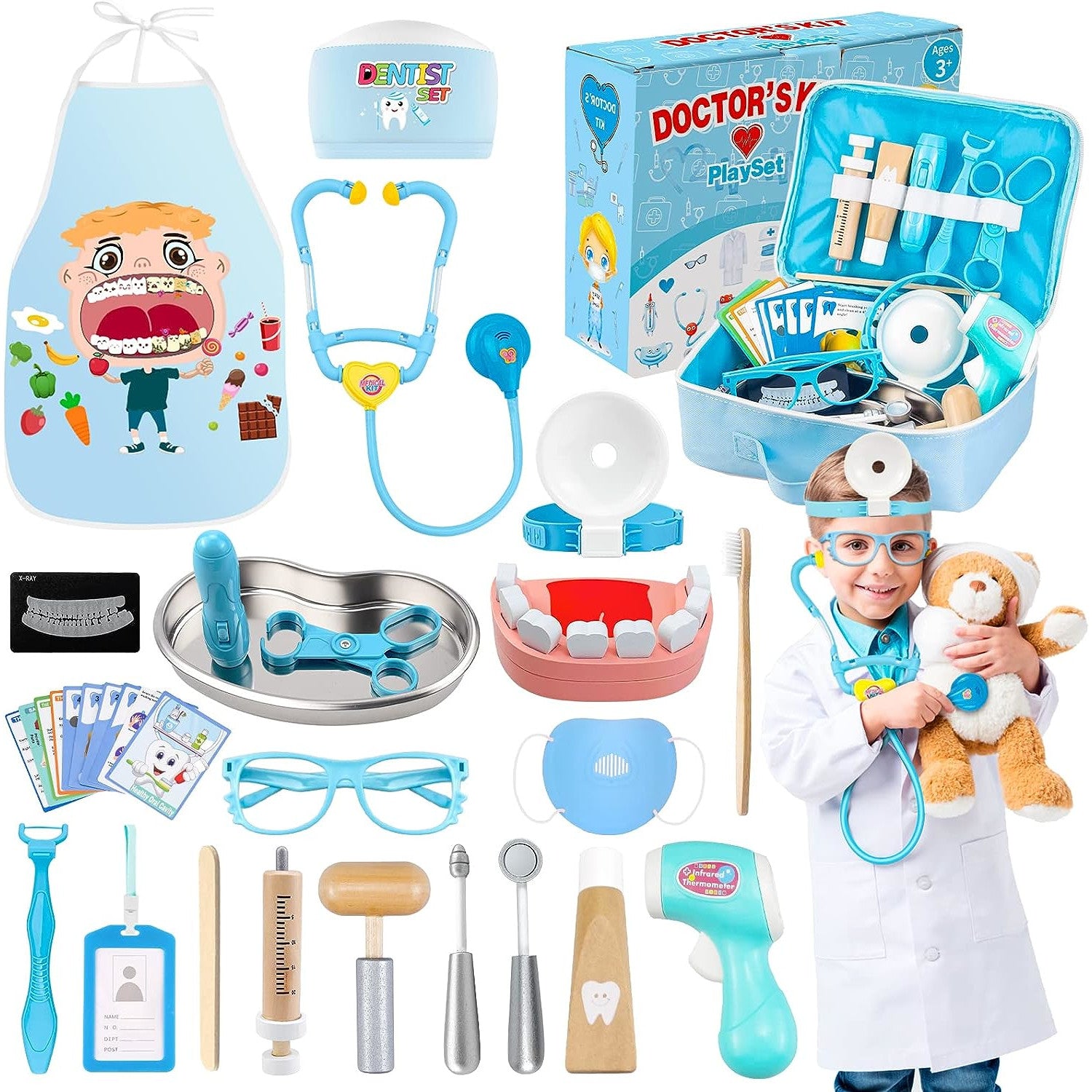 Trusa medicala de jucarie, set dentist cu geanta, termometru, stetoscop, ochelari, sort, model cu dinti, reflector, lanterna, masca, jucarie de rol, pentru copii peste 3 ani
