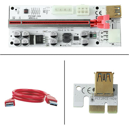 Set de 6 placi PCI-E riser, 1X-16X, 8 capacitori, VER010, minare Bitcoin Litecoin, cu cablu USB 3.0 de 60 cm, alimentare cu 6 pini, SATA, Molex